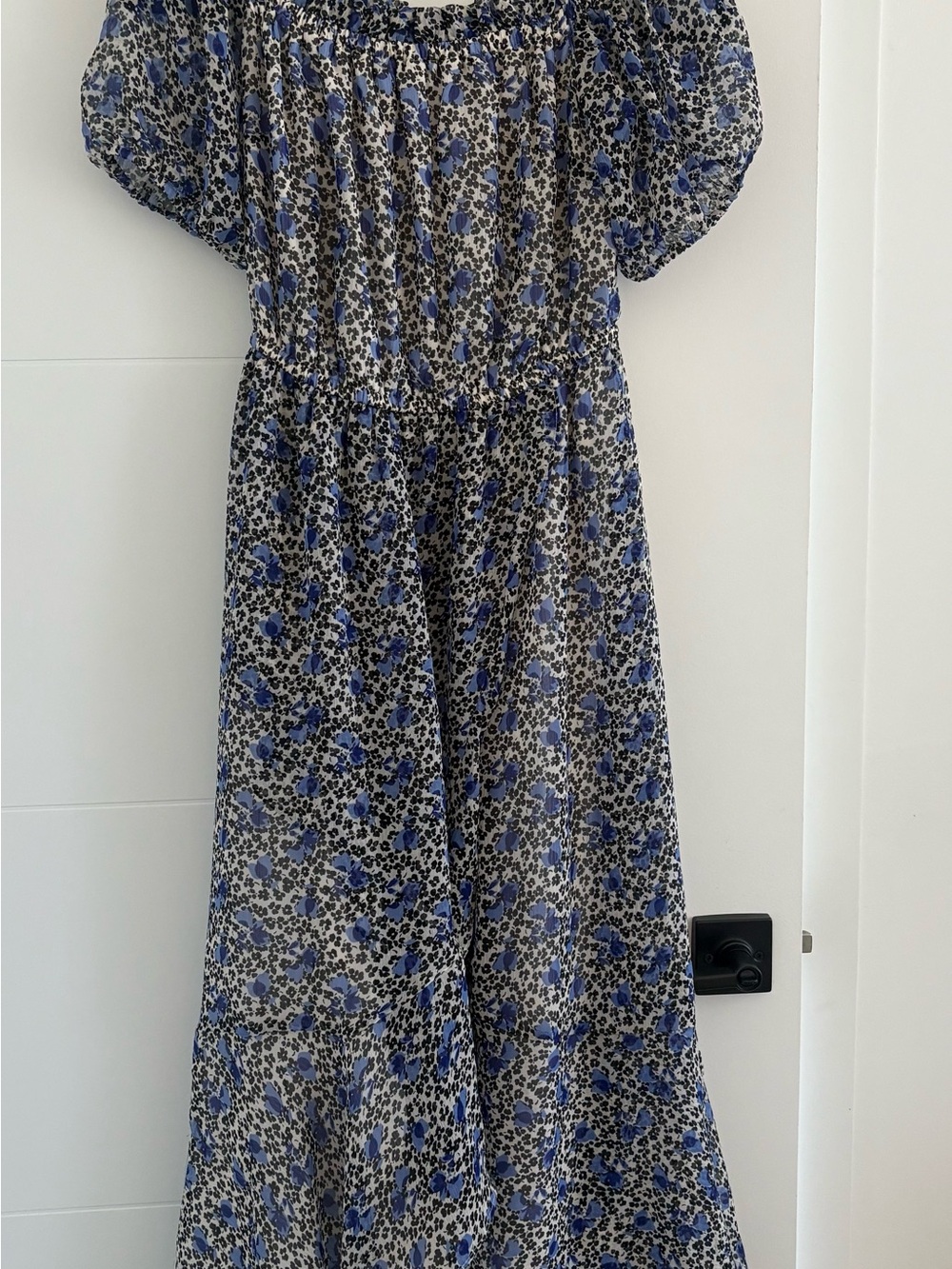 Express Blue & Black Floral Smocked Midi Dress